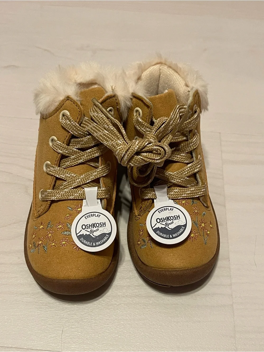 OshKosh B'gosh Tan Faux-Fur Lace-Up Toddler Boots with Embroidery